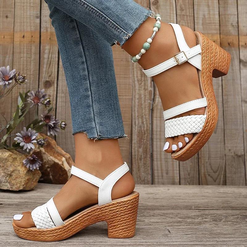 Fashion Women's Braided Chunky Heel Sandals Summer 2025 Ankle Strap Platform Gladiator Sandals Woman Fashion Woven High Heeled Sandalias