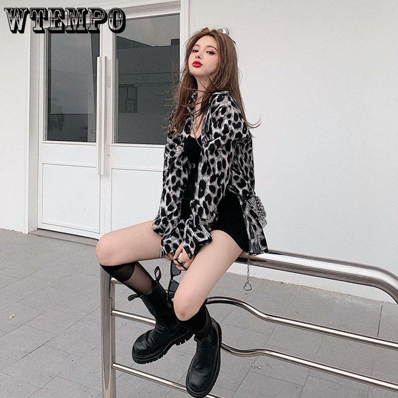 Женские винтажные футболки с длинными рукавами с леопардовым принтом, женские весенне-осенние повседневные однобортные рубашки средней длины, уличная одежда