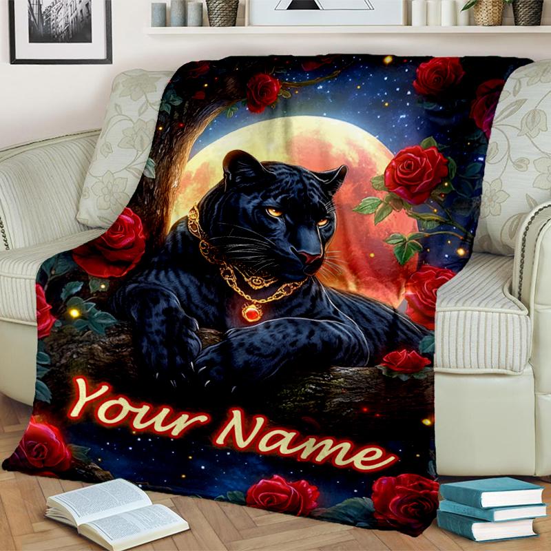 1PC Custom Name Moonlit Panther Romance flannel blanket versatile,all-season throw suitable for the living room,bedroom,camping,travel,and gift
