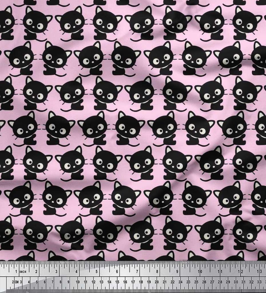 Soimoi Japan Crepe Satin Fabric Cat Cartoon Print Fabric by metre 42 Inch