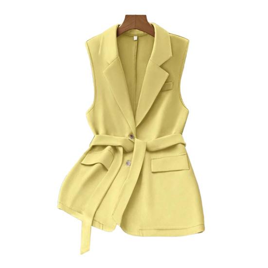 Женский блейзер без рукавов, жилет, на пуговицах, с лацканами, рабочая куртка, осеннее повседневное длинное нарядное пальто с поясом
