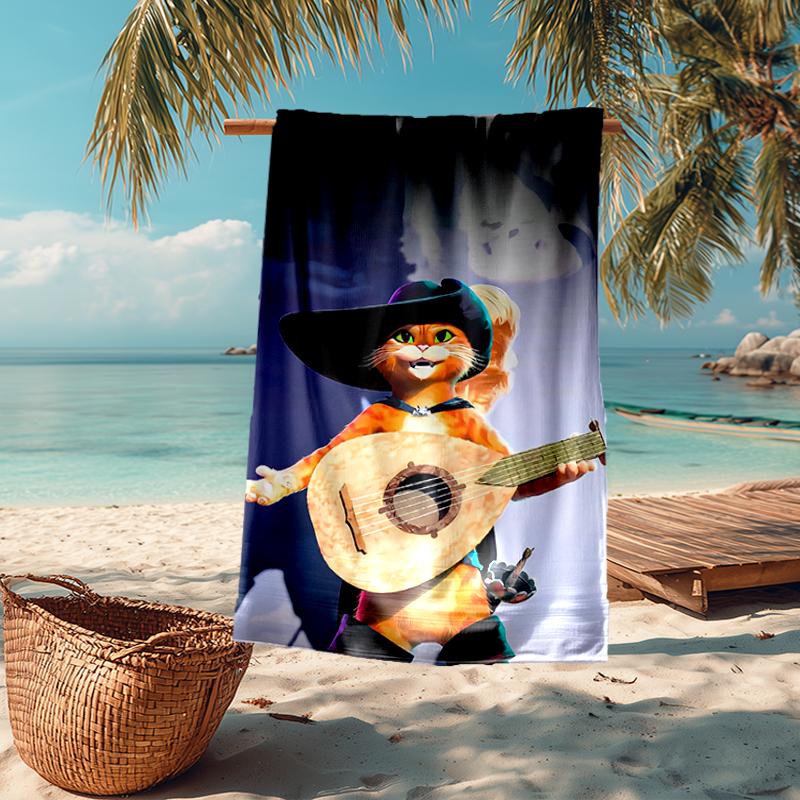 Ultra-Soft Beach Towel with Puss In Boots Theme,Ideal for Pool - Camping, Diving - Perfect Travel Essential, Vibrant Beach Towel.