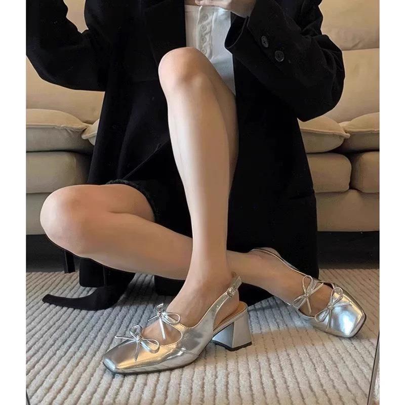 Женская летняя верхняя одежда новая мода высококлассный темперамент серебряный бант толстый каблук высокий каблук туфли-лодочки женские сандалии