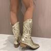 Золотые сапоги до середины икры, женская молния сбоку, серебряные остроконечные ковбойские сапоги в стиле вестерн, модные черные сапоги в стиле ретро, ​​женские сапоги больших размеров 36–43