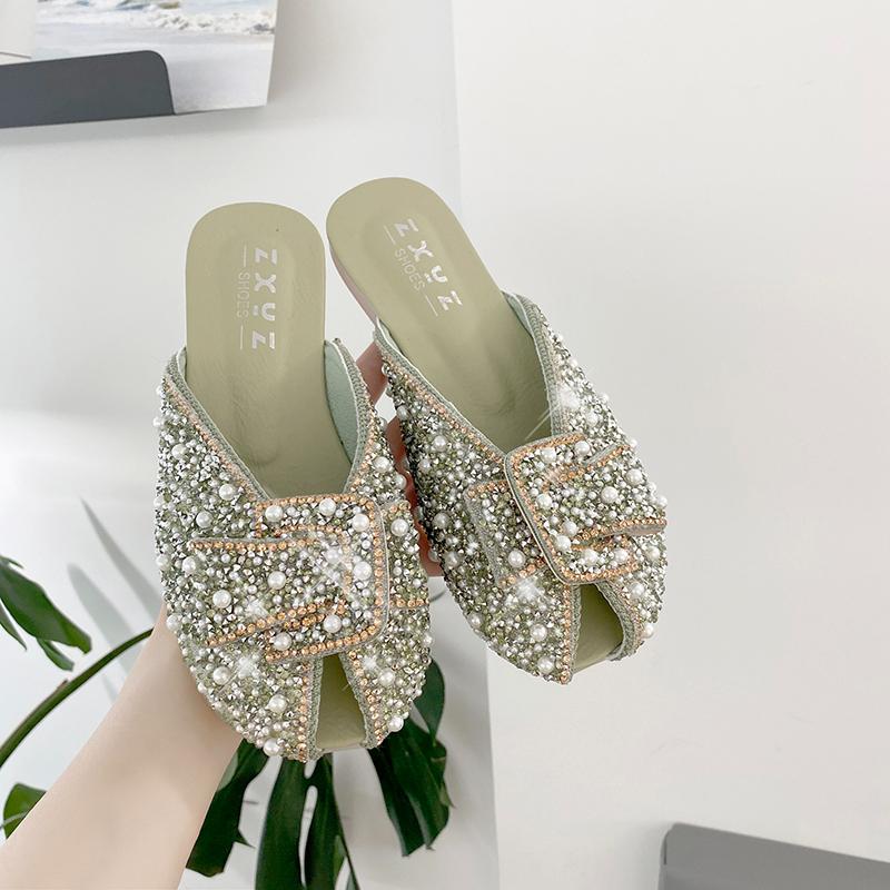 Тапочки женские наружная одежда 2025 лето новые сто с плоской подошвой горный хрусталь мода Баотоу полутапочки женские