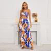 Women Bohemian Print Dress Cable Hanging Neck Top Hip Wrapped Fishtail Two Piece Set