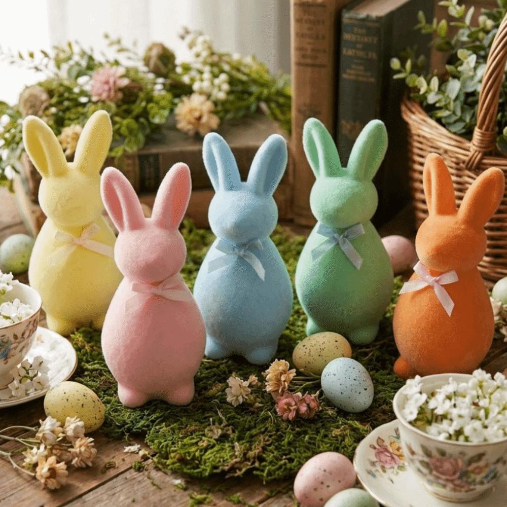 Plush Easter Bunny Statue with Bow Rabbit Gnome Doll Easter Holiday Bunny Sculpture Indoor Table