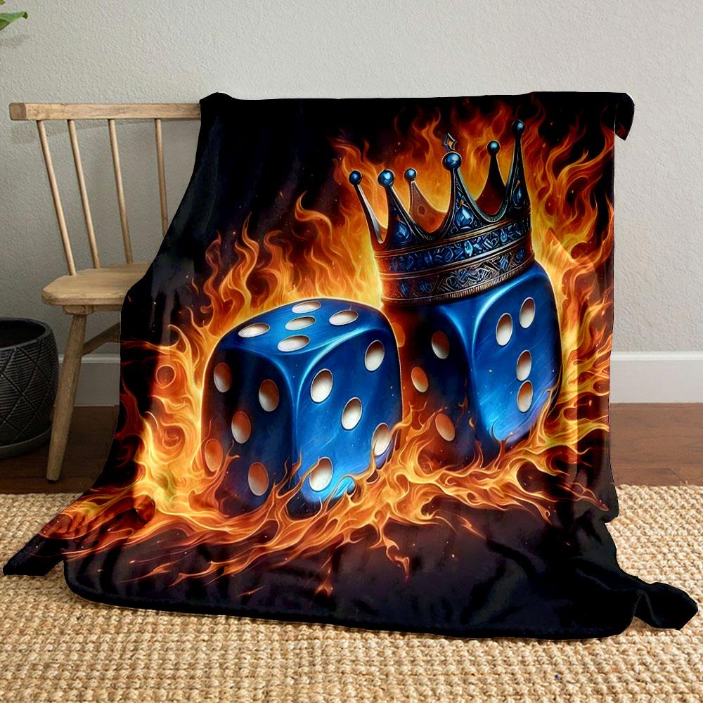 "Fiery Blue Dice with Crown Design" Patterned blanket, flannel, suitable for all seasons, home decor, warm and cozy