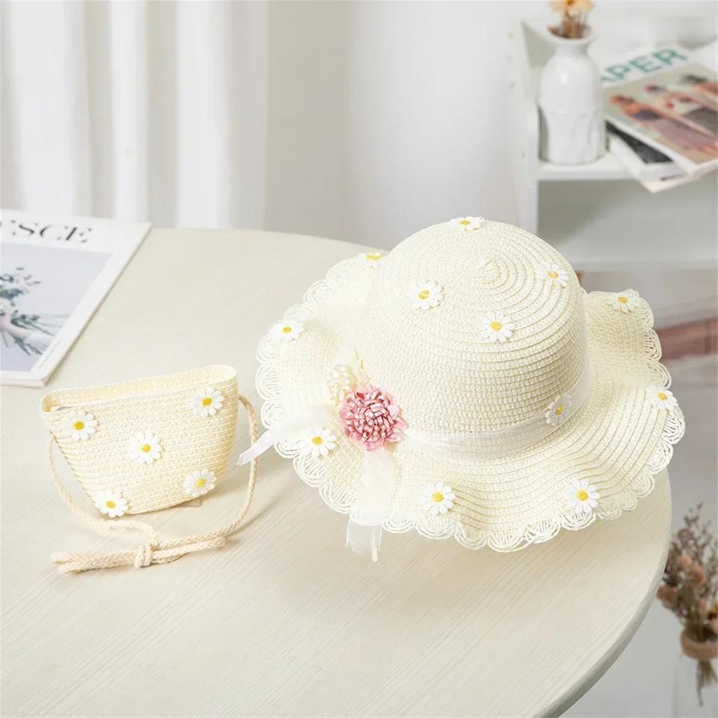 New Girls Chamomile Floral Straw Hat Handbag Sets Child Baby Straw Hat Kids Outdoor Beach Sun Bags Set Travel Holiday Sun Cap