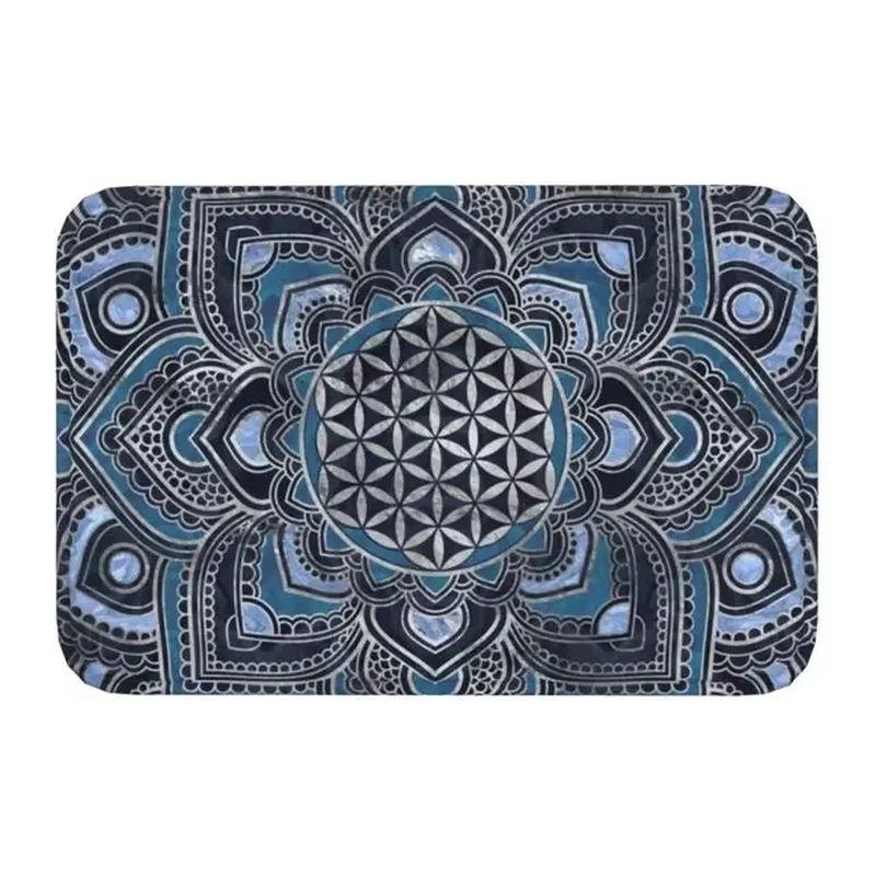 VIKAMA Bohemian Mandala Flower of Life Doormat Non Slip Waterproof Entry Floor Rug Blue Gold Sacred Pattern Home Decor