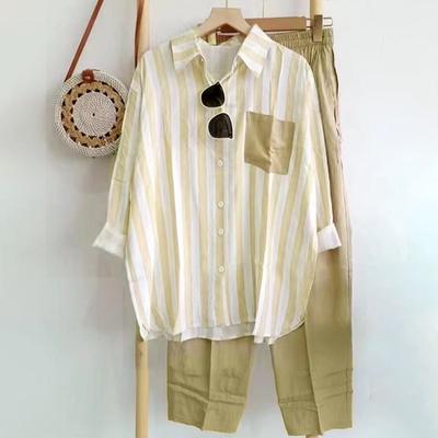 M-5XL женская одежда весна-лето топ с длинным рукавом + брюки новая полосатая однобортная рубашка с лацканами + широкие брюки 2 шт.