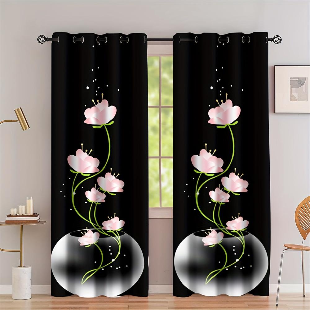 2 шт. Цветочный узор, черный напечатанный карниз для штор, украшение для кармана, полузатемняющие шторы для гостиной, спальни, офиса, украшения для дома