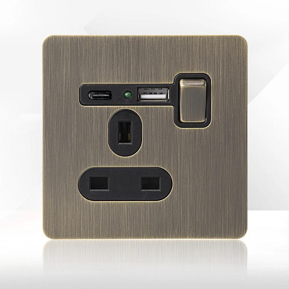 Ретро ЕС FR металлическая панель настенный выключатель света розетка вилка, бронзовая антикварная нержавеющая сталь немецкая розетка 16А с зарядкой USB