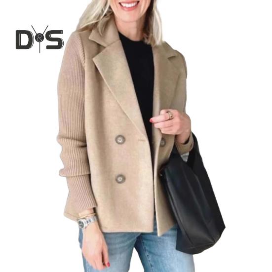 Women Coat Knitted Sleeves Patchwork Double-breasted Turn-down Collar Loose Suit Jacket Formal Business Style Sweater Coat