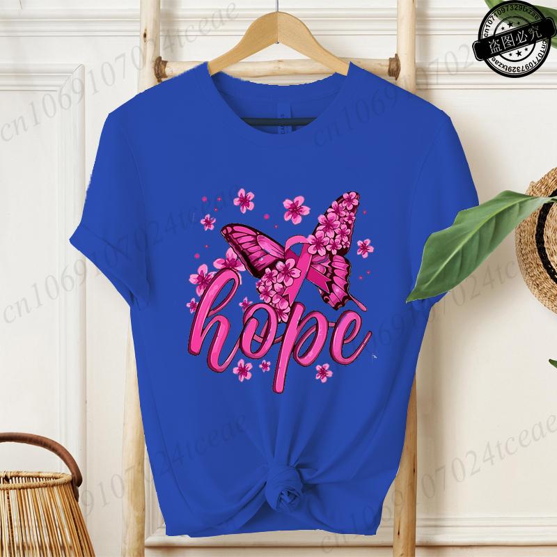Hope Pink Ribbon Butterfly Breast Cancer Awareness Warrior Print Women's T-Shirt,Graphic Tee Tops,Casual Streetwear Fashion Tops