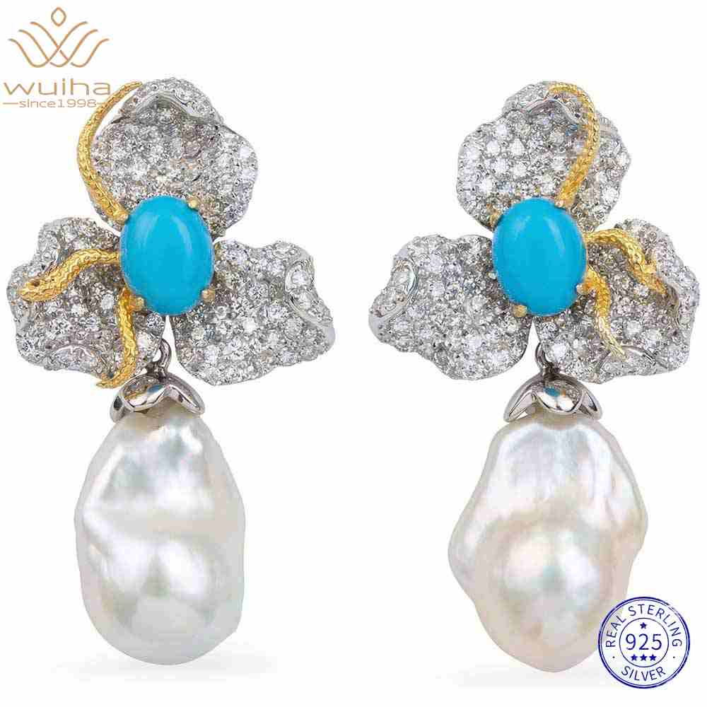 WUIHA 925 Sterling Silver Lab Sapphire Turquoise Pearl High Carbon Diamonds Drop Dangle Wedding Engagement Earrings Fine Jewelry