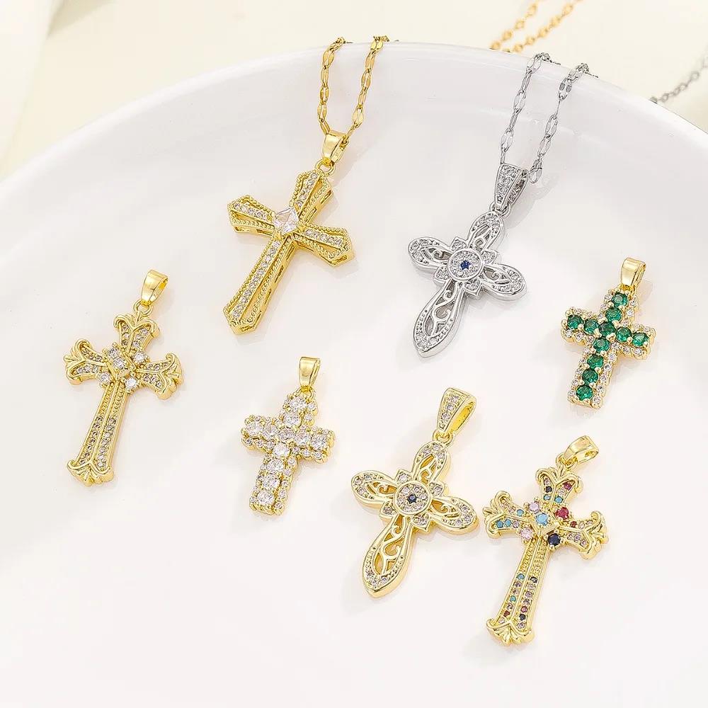 Light Luxury Colorful Zircon Water Drop Geometric Cross Necklace Pendant Cross-border Popular Clavicle Chain
