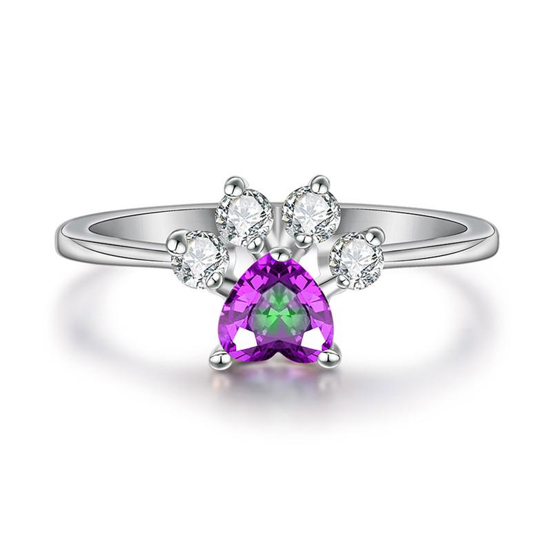 Милые кольца с когтями в виде кошачьей и собачьей лапы для женщин, обручальные кольца с камнем в форме сердца, серебряные цветные кольца, размер ювелирных изделий 6-10