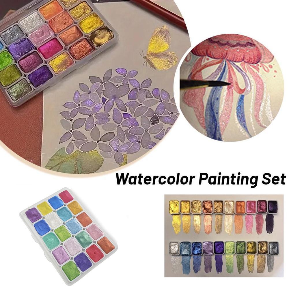 20 Colors Pearlescent Solid Watercolor Painting Set Portable Box Shiny Metal Painting Art Supplies Pigment Palette Drawing Tools