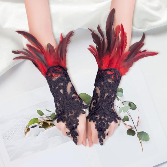 Women's Feather Wrist Cuffs Gothic Lace Feather Long Fingerless Gloves