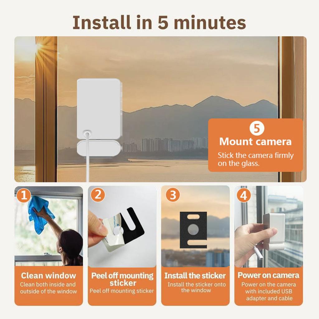 Камера для окна, 2,4 ГГц и WiFi комнатная камера для домашней безопасности, камера для собаки с монтажной наклейкой, цветное ночное видение с ИИ, обнаружение людей и движения
