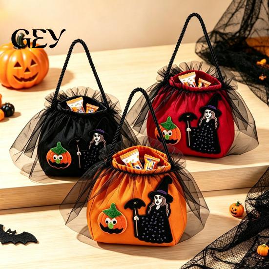 Princess Style Candy Carrier Halloween Bag, Tutu Mesh Witch Pumpkin Bucket, Trick or Treat Bag for Kids Party Favor Pouch, Reusable Holder with Handle
