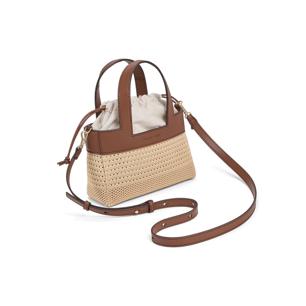 Charles & Keith Small Ck 26 Summer Vacation Woven Basket Bag Pu Mixed Fabric Tote Bag Women Tote Bag Beige Brown CK11-30782847