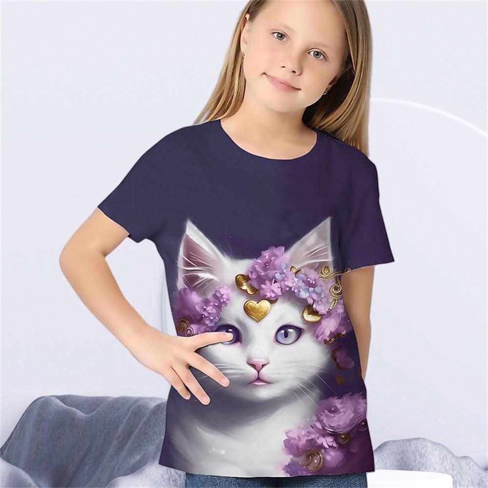 Детская одежда для мальчиков и девочек Футболка с принтом 3D Cat и короткими рукавами, топ с круглым вырезом