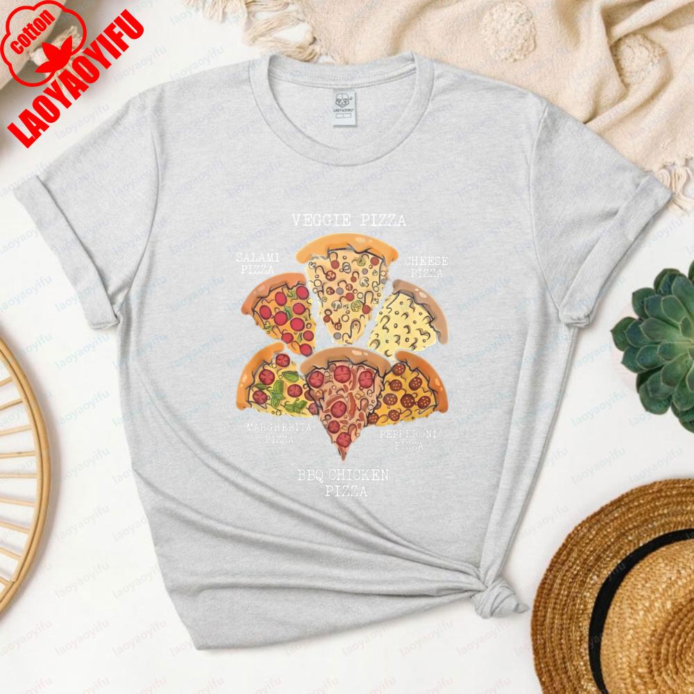 Funny Pizza Flavors Tshirt Six Pizza Types Graphic Casual Cotton Tee Daily Wear Pizza Lover Vintage Fashion Streetwear for Women