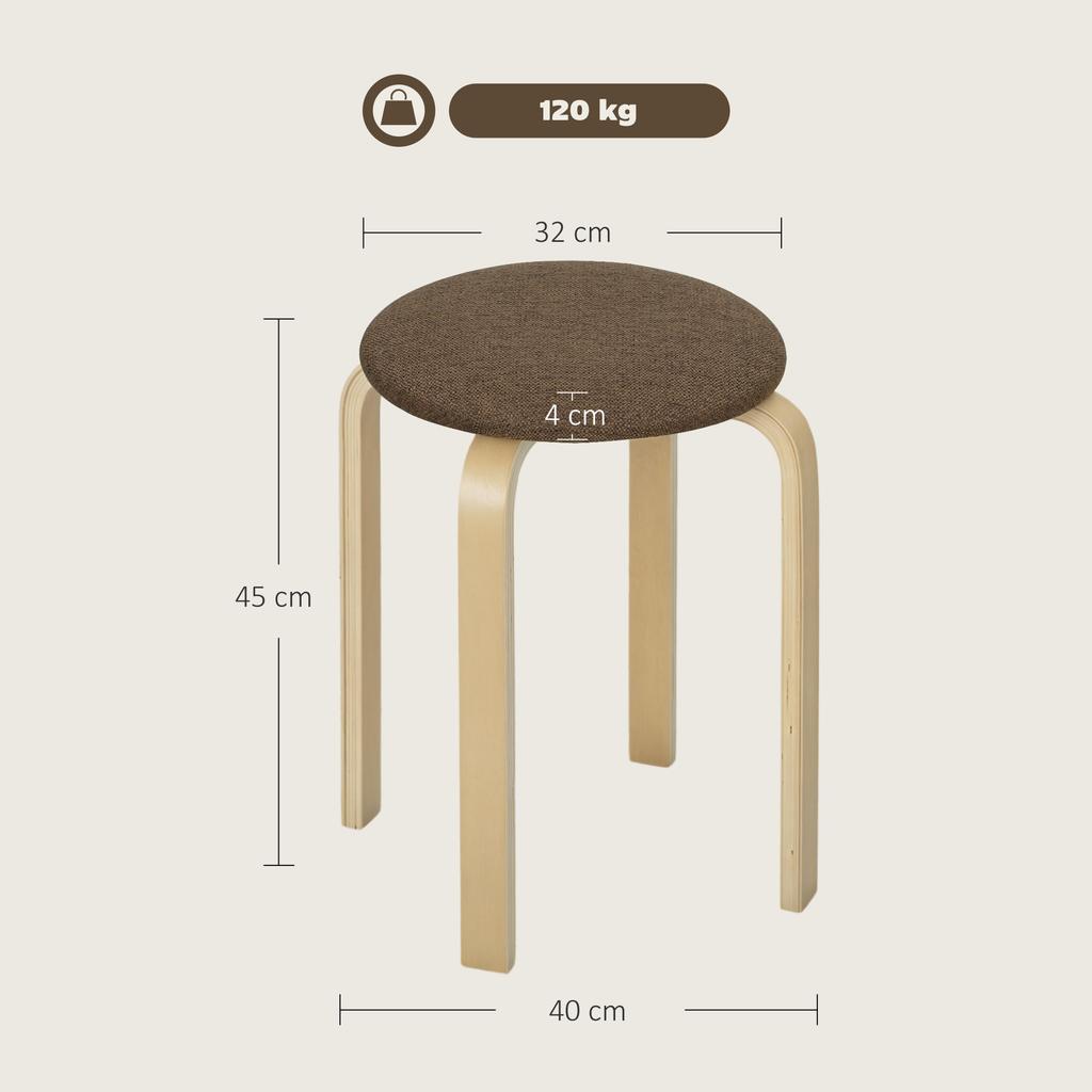 Upholstered Stool Set of 4, Stackable, Lacquered Surface, Wooden Legs, Brown