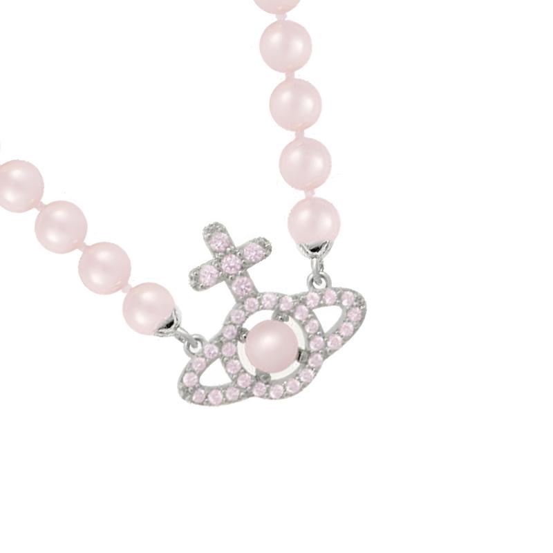 Vivienne Westwood Olympia Pink Saturn Pendant Glass Brass Pearl Necklace Women necklace Silver 6301011P-02P583