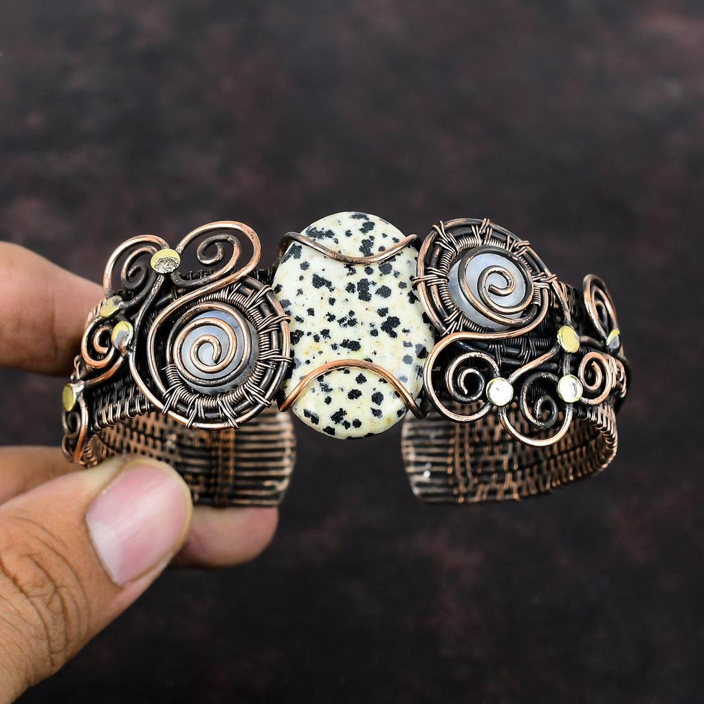 Браслет-манжета из далматинской яшмы, браслет из медной проволоки, браслет с радужным лунным камнем, регулируемый браслет, ювелирное изделие ручной работы, подарок для него