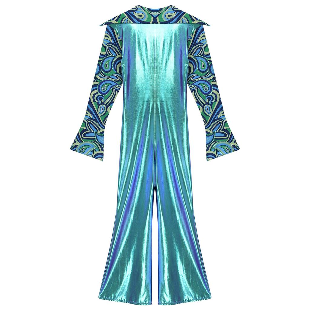 Костюм в стиле диско 80-х из блестящей ткани с брюками клеш и V-образным вырезом, с длинными рукавами различных узоров и цветов для танцевальных мероприятий и тематических вечеринок
