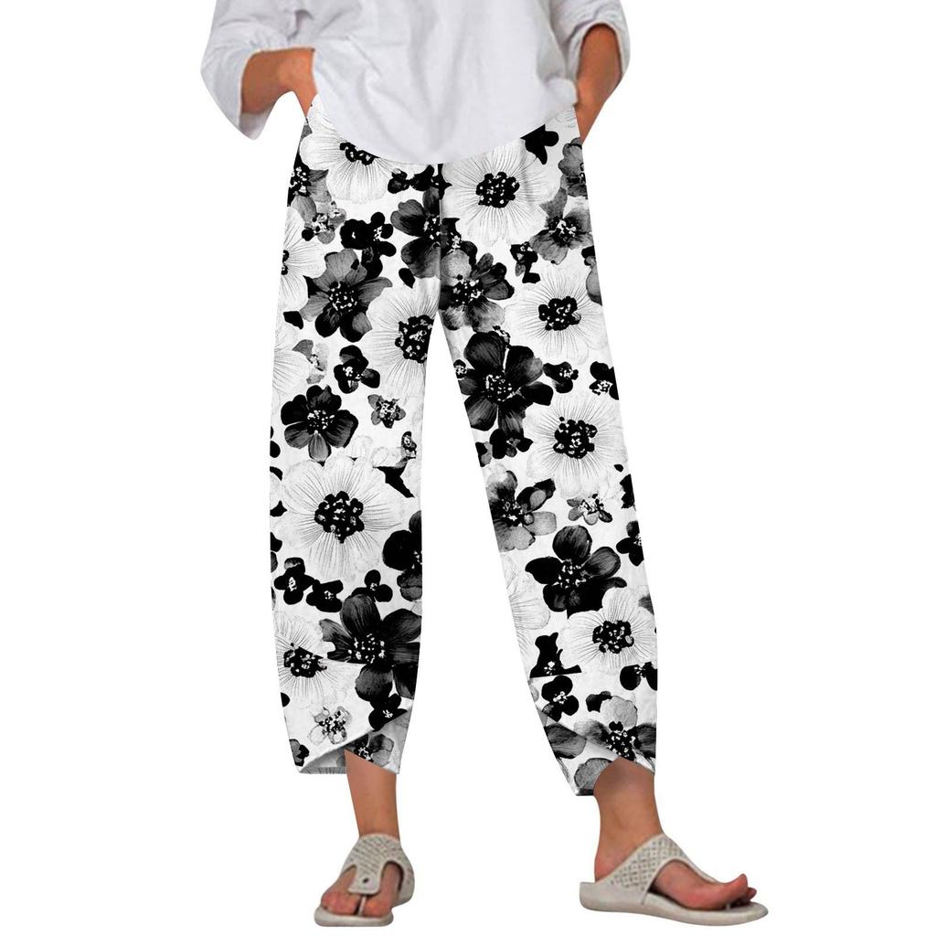Брюки женские летние повседневные широкие брюки с эластичной резинкой на талии и принтом с карманами