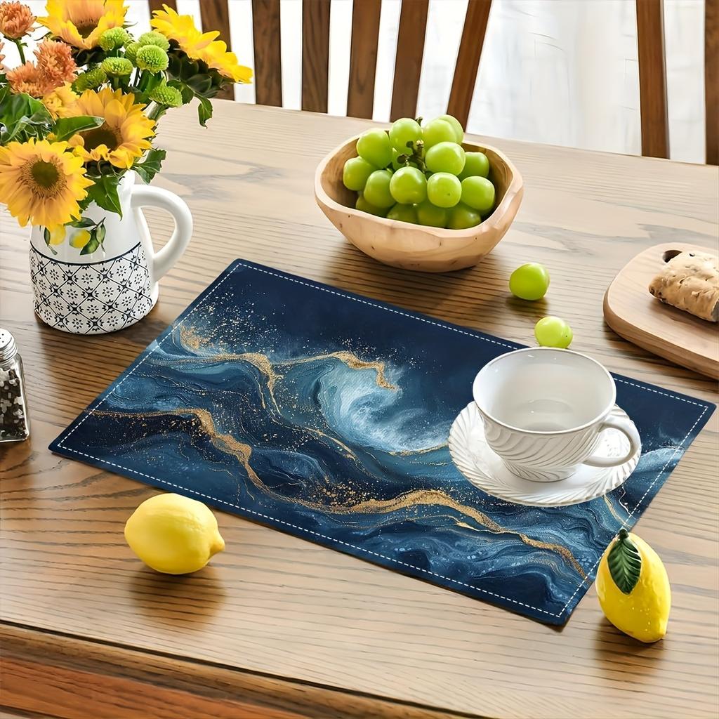 4pcs Navy Blue & Golden Placemats - Elegant Modern Wavy Line Table, Machine-Washable Rectangular Place Settings Suitable for Kitchen, Dining Table Dec