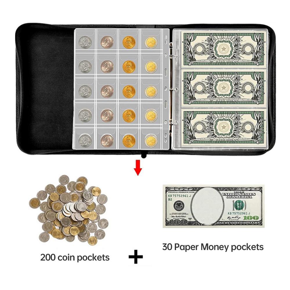 Книга-держатель для коллекции монет для коллекционеров 200 карманов и 30 обложки для хранения бумажных денег