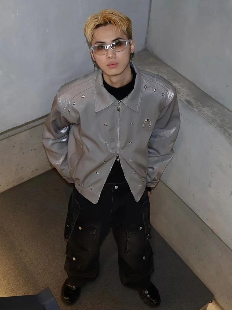 Unisex High-End Liquid Metal Star Design Short Jacket with Lapel and Drop Shoulders