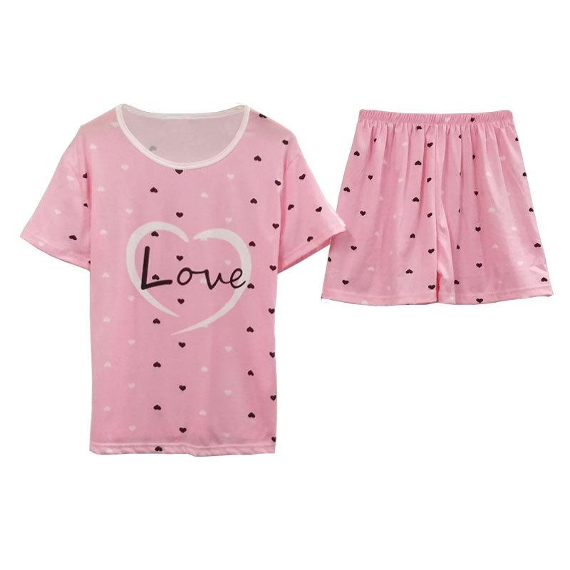Женский летний пижамный комплект: Круглый вырез, Короткий рукав, Мультяшный принт, Омолаживающая домашняя одежда