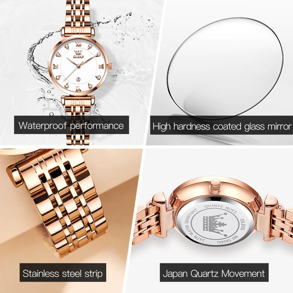 OLEVS Women's Watches Luxury Fashion Rose Gold Fine Steel Original Brand Quartz Wristwatch for Lady Waterproof Date Trend Dress