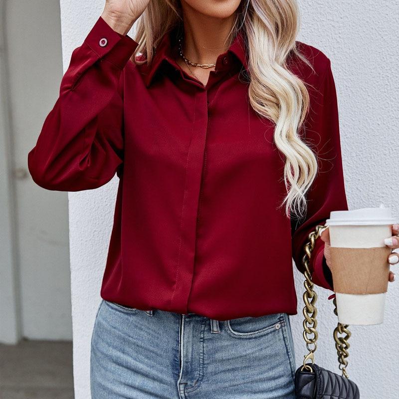 Women Tops Office Lady Solid Color V-neck Button Shirt Casual Loose Long Sleeve Shirt Spring Chiffon Blouse Clothes 25137