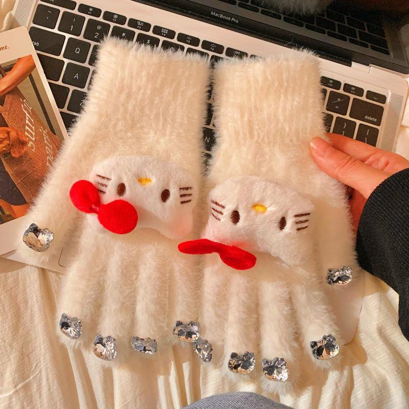 Перчатки с плюшевыми бриллиантами для кошек: Теплые перчатки с раздельными пальцами на осень/зиму для студентов и любителей верховой езды.