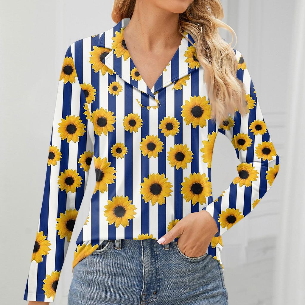 Women's Fashion Leisure Long Sleeve V Neck Flower Printing Top