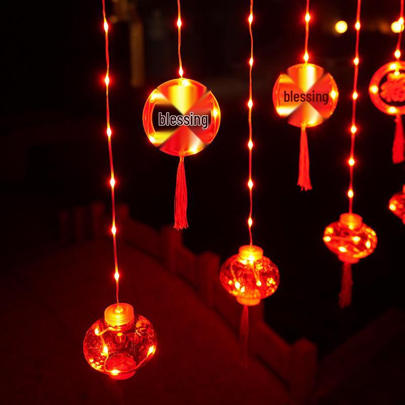 2025 New Year Red Lantern LED Curtain String Lights - Home Atmosphere Decoration with Fu Character