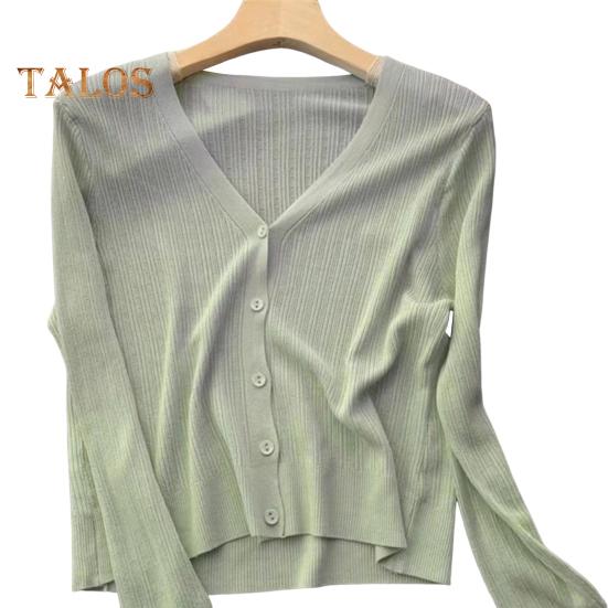 Sun Knit Cardigan for Women Long Sleeve V-Neck Button Up Thin Ice Silk Coat Summer Ribbed Cropped Top for Outdoor Travel Work Beach