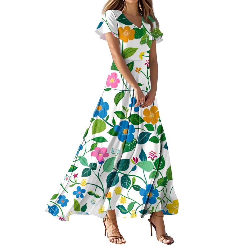 Женское повседневное платье с V-образным вырезом, коротким рукавом, высокой талией и принтом в виде цветов и листьев в стиле ретро