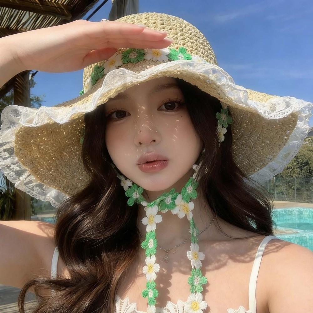 Wide Brim Women Visor Bucket Hat Breathable Beach Hat Flower Straw Hat Seaside Vacation