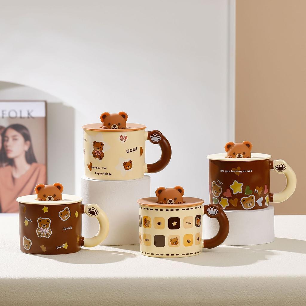 Cute Ceramic Cup with Lid Student Breakfast Cup Cartoon Bear Mug Large Capacity Gift Water Cup Household Set