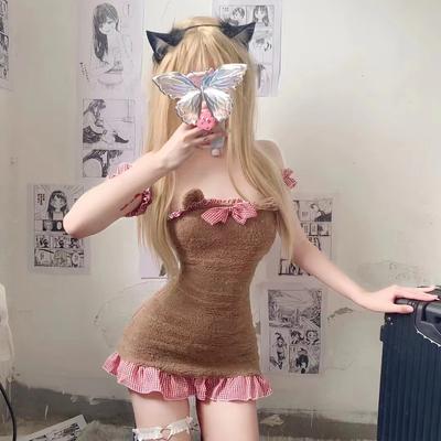 Плюшевое платье с клетчатой вставкой и бантом, милое, с открытыми плечами, аниме, с открытой спиной, сексуальное, облегающее, приталенное, с запахом на бедрах, трендовая одежда UDPA