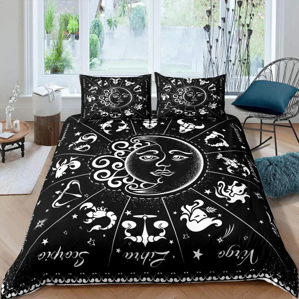 Sun Moon Duvet Cover Set Queen Microfiber Bohemian Black And White Print Yin Yang Comforter Cover Galaxy Star Twin Bedding Set