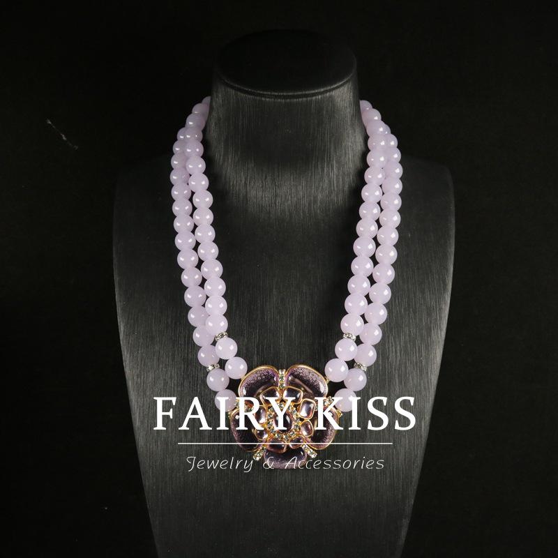 Б/у Фиолетовый набор ювелирных изделий с цветами персика, двойной слой: Ожерелье и серебряные серьги-гвоздики 925 пробы в изысканном придворном стиле.